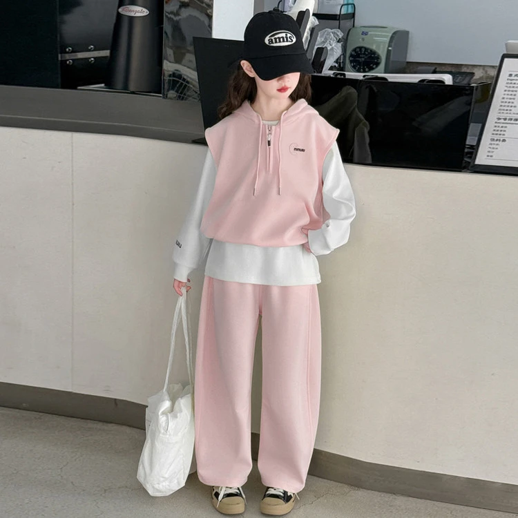 女童套装2025秋季新款儿童韩版时尚洋气连帽马甲阔腿裤两件套潮流