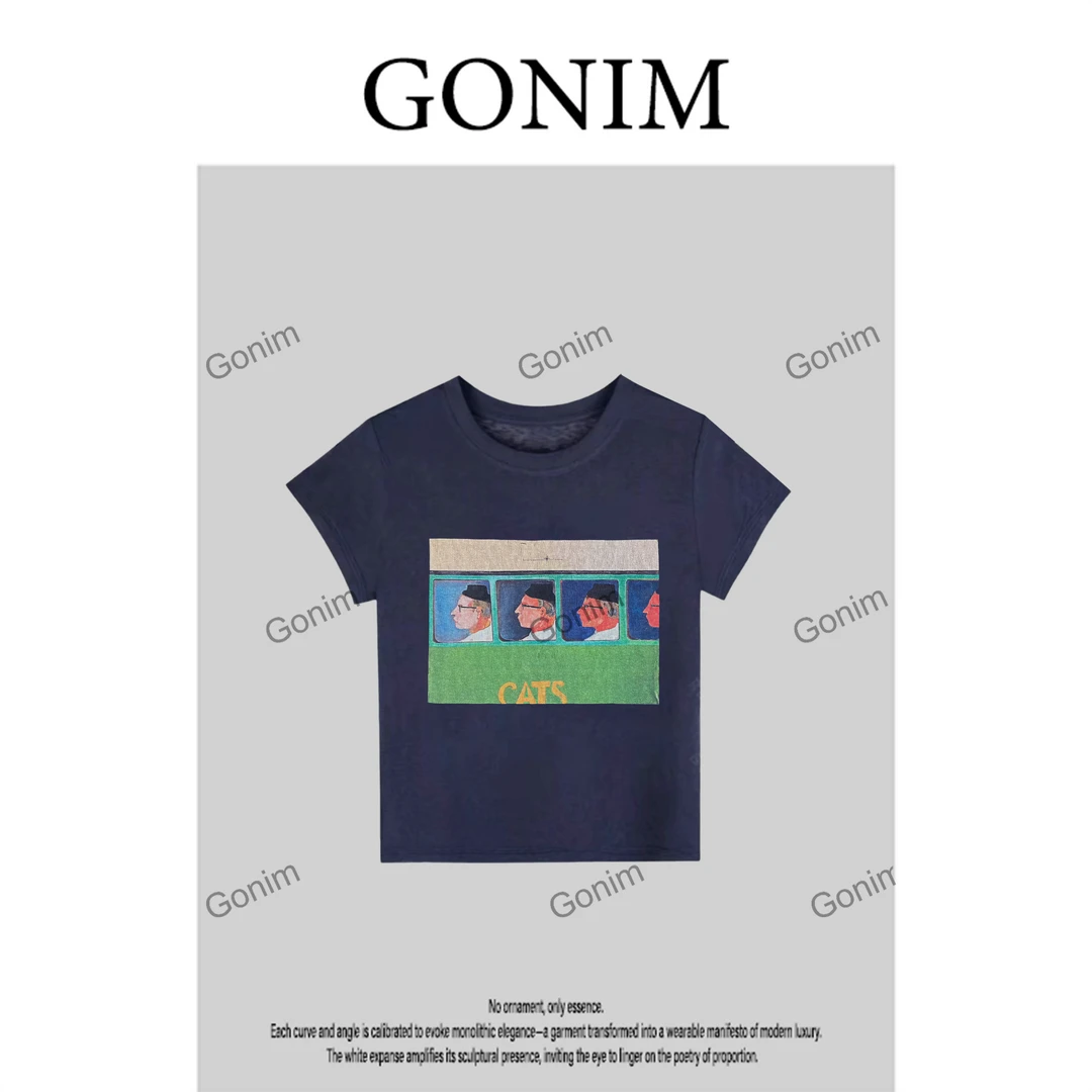 Gonim·“斯文中分”2025春夏新款卡通印花圆领短袖T恤休闲上衣