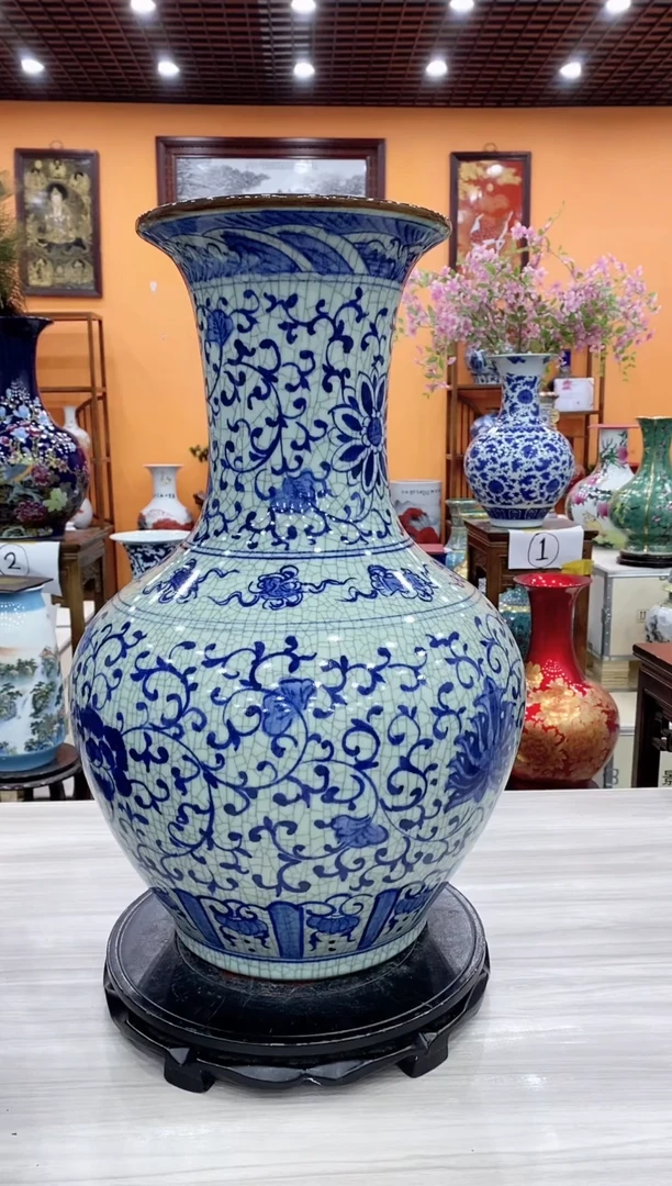 摆件开片青花高56CM赏瓶+旋转底座