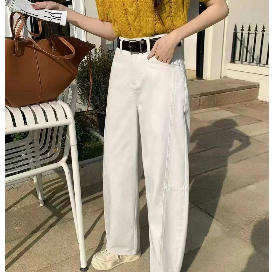 以赛亚 第四维度 25年春季新款高腰腰带白色直筒百搭水洗弯刀裤女