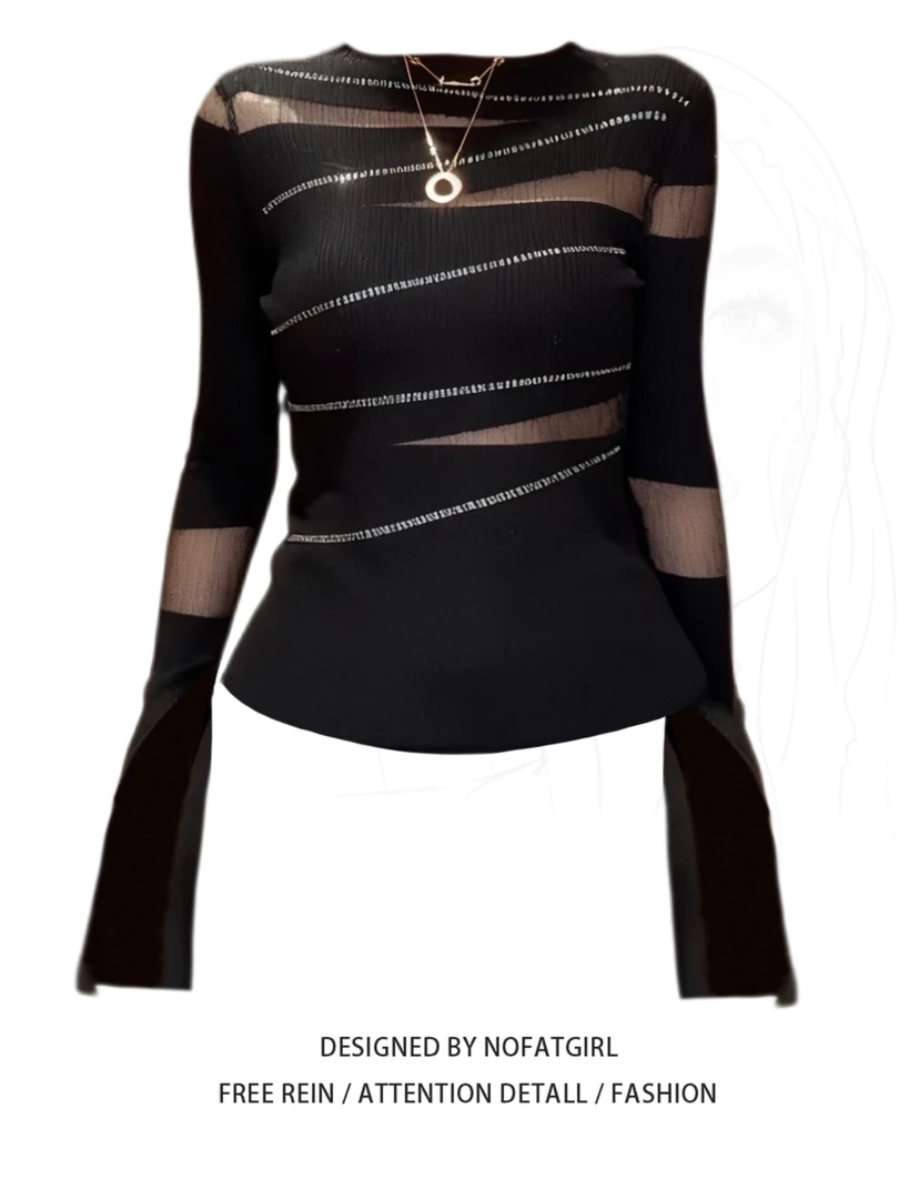 大码胖妹妹纯欲辣妹网纱拼接烫钻针织衫女秋季修身显瘦设计感上衣