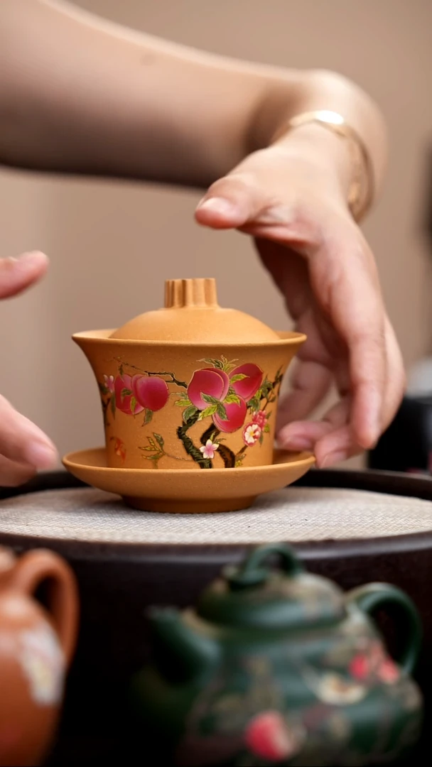 茶壶紫砂黄金段福字寿桃三才盖碗