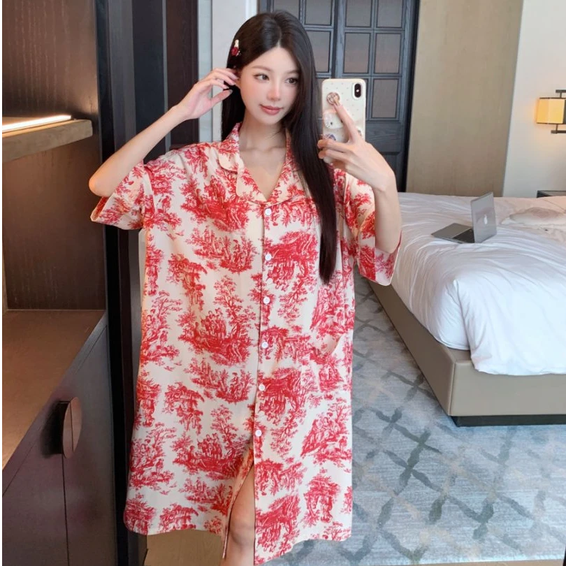 【二月红-睡裙】2025ins薄款夏季韩版加大码女款家居服透气宽松裙夏