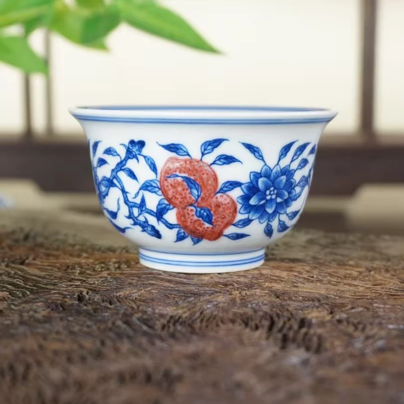 臻玉古坊青花原矿釉里红纯手工手绘带内绘景德镇点工撇口杯高温