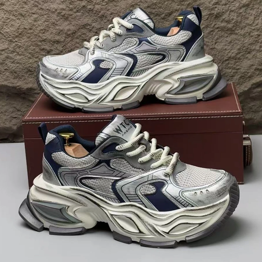 厚底低帮男鞋新款网面透气休闲运动鞋拼色厚底老爹鞋擦色做旧鞋子