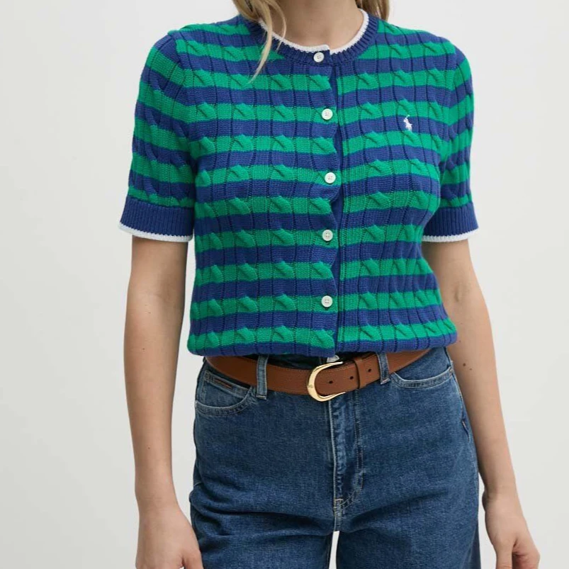 全新未使用 Ralph Lauren/拉夫劳伦 拼色条纹针织短袖开衫 女款