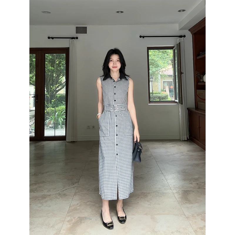 郭九九呢 棉质气质通勤收腰显瘦工装格子无袖连衣裙 G925Z07744