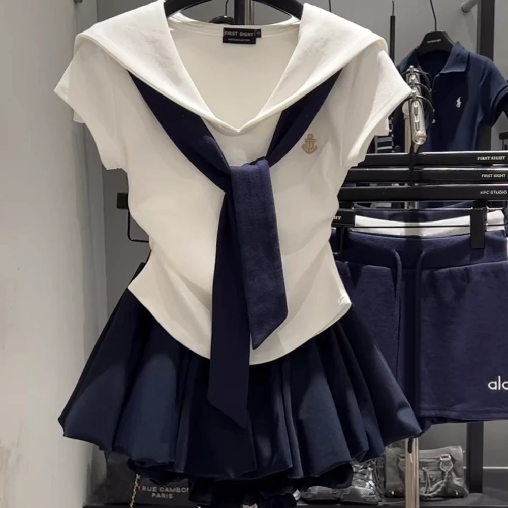 【撞色海军领披肩拼接假两件T恤】2025夏收腰显瘦百搭上衣女