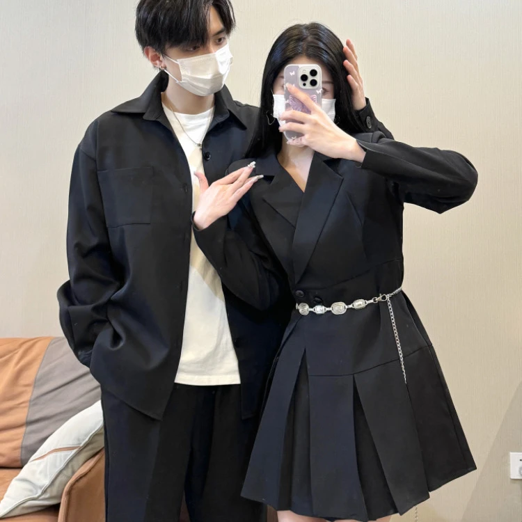 情侣装早秋新款小西装一裙一衣宽松休闲韩系收腰女连衣裙男外套潮