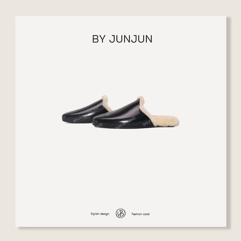 ByJunjun2025秋冬新品鞋履拉达毛拖进口开边珠牛皮穆勒拖