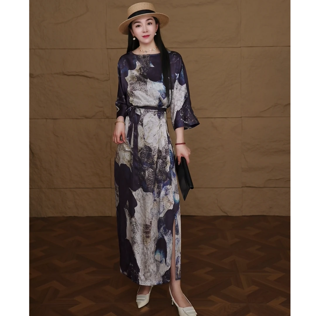 A2504重磅6A级 100%桑蚕丝宽松腰夏季修身时尚长裙气质连衣裙