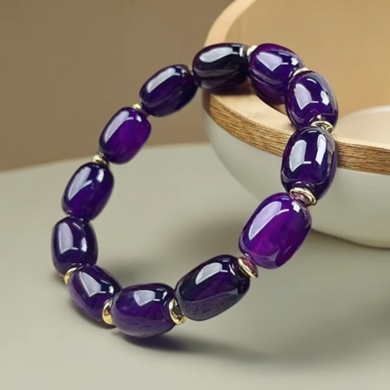 天然玉化满色紫玛瑙桶珠玉手串10*13mm天然珠宝轻奢时尚单圈