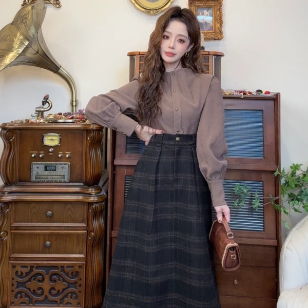 【十一港风】复古港风格纹拼接后腰松紧通勤减龄连衣裙L1011