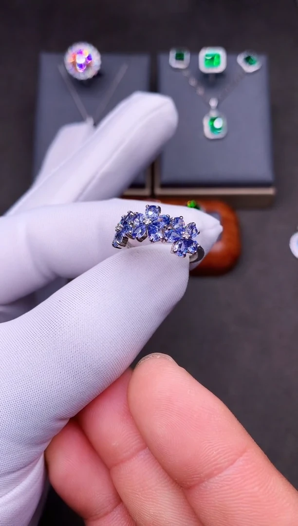 戒指蓝宝石银S925镶嵌矢车菊