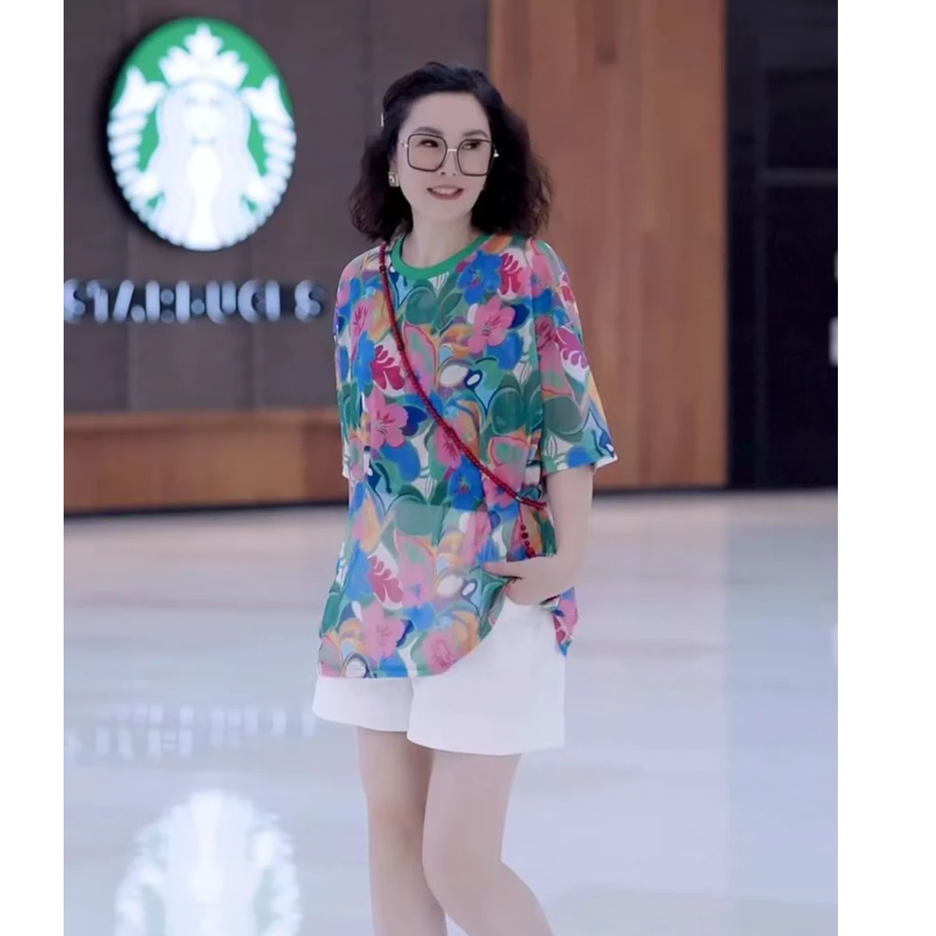 新款洋气T恤2025宽松大版女装碎花显瘦时尚休闲百搭夏季印花圆领