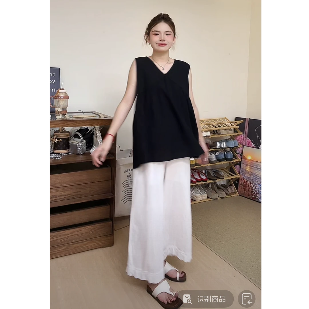 韩版小个子时尚无袖显瘦背心+白色花边阔腿裤梨形必入孕妇套装