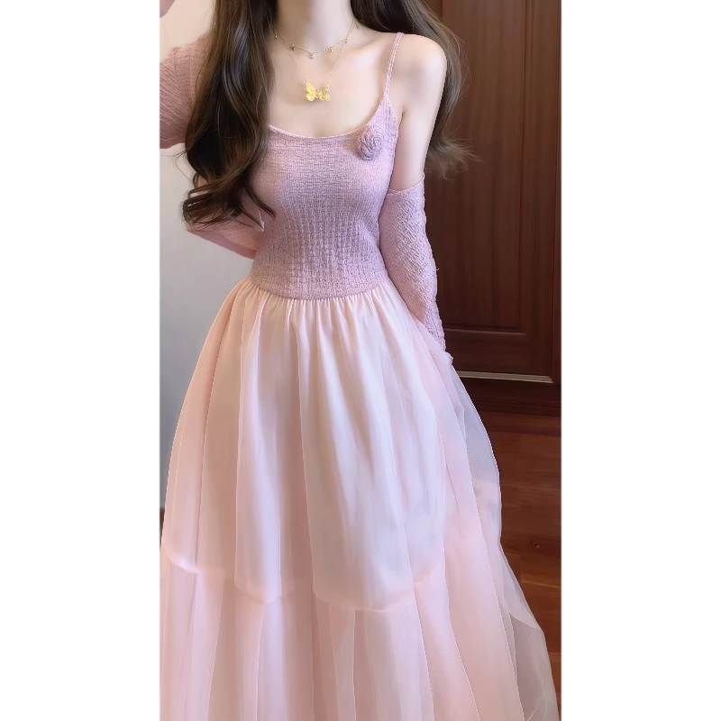 法式温柔花朵装饰绝美吊带连衣裙蓬蓬公主裙度假风气质长裙9279