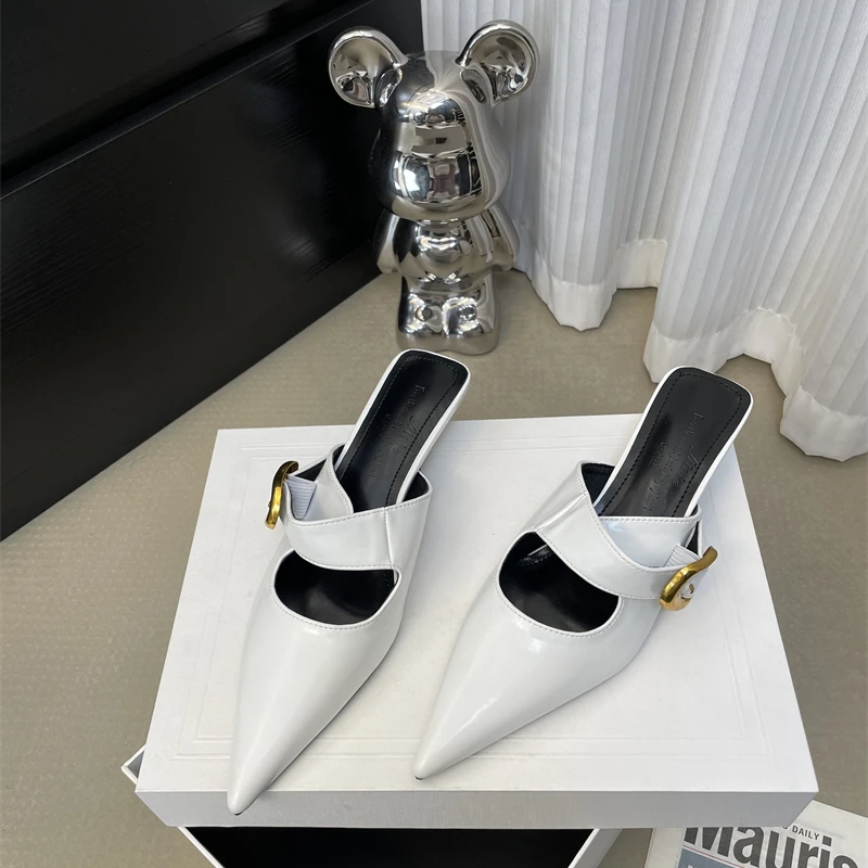 欧美风尖头小猫跟包头半拖鞋女外穿2025春夏新款百搭低跟穆勒凉拖