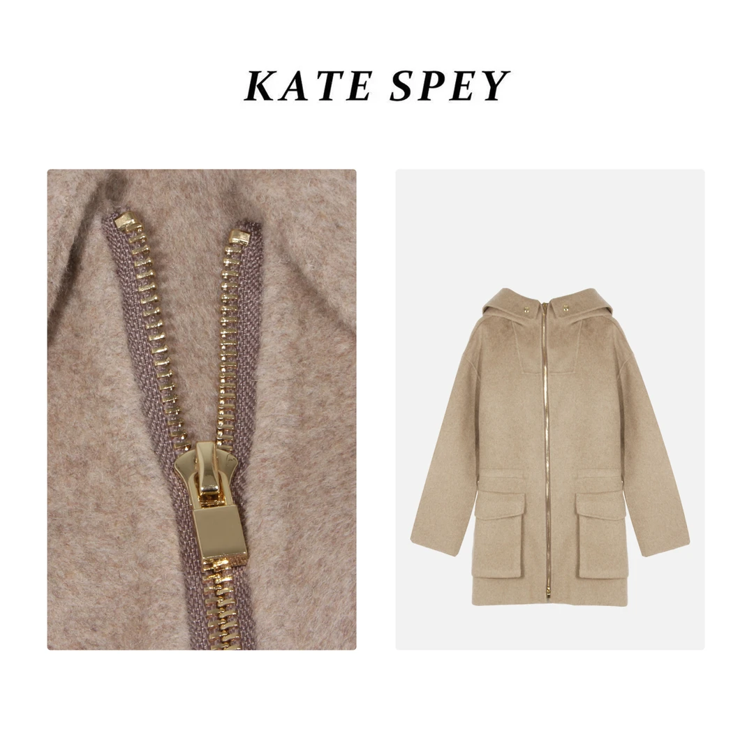 凯特丝蓓046#连帽抽绳设计毛呢大衣连帽宽松挺括中长款