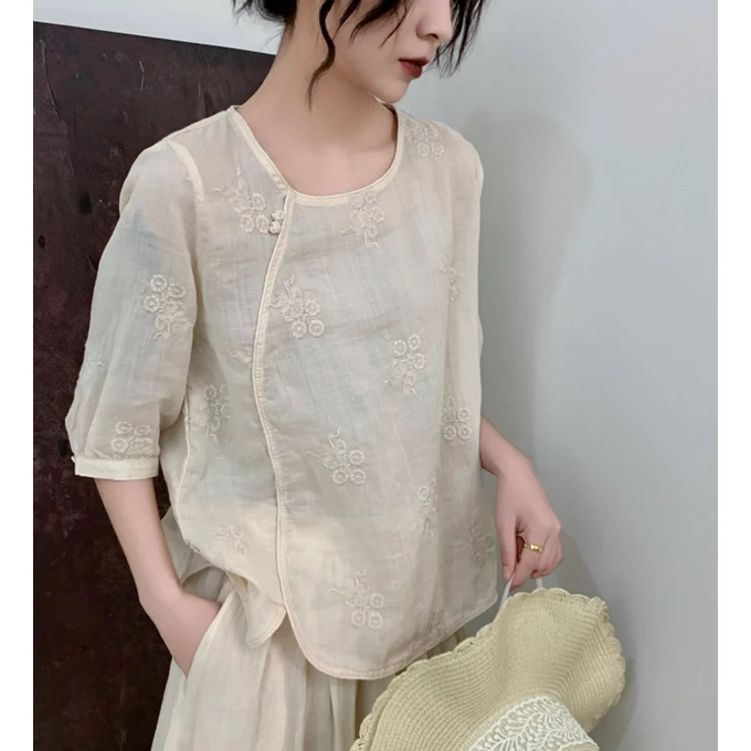 【褚培培自制】“苎麻的布艺”-100%苎麻-夏季提花新中式刺绣气质t恤