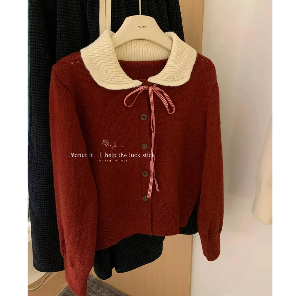 减龄少女感蝴蝶结毛衣开衫女秋冬2025新款宽松撞色娃娃领针织上衣