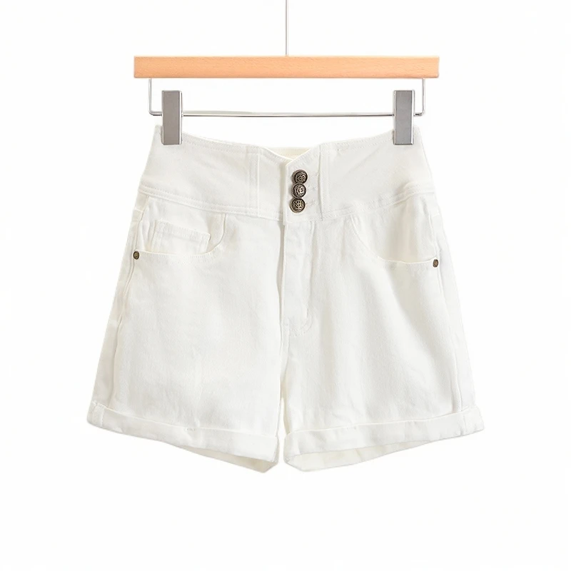 F940-【朝】三粒扣高腰修身卷边牛仔短裤#ZZH56Z006