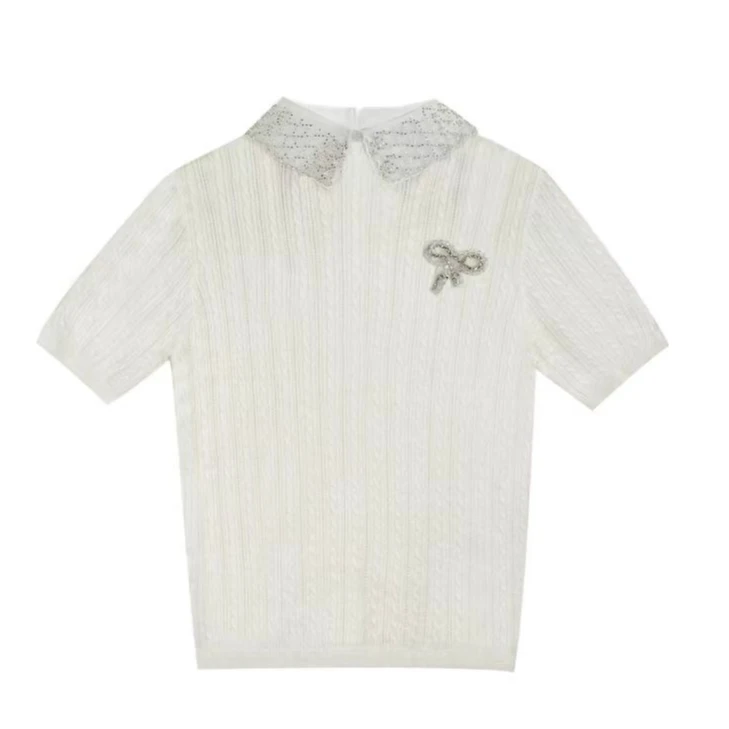 时尚提花毛衣甜美毛针织衫上衣衬衫短袖夏季INS风娃娃领女