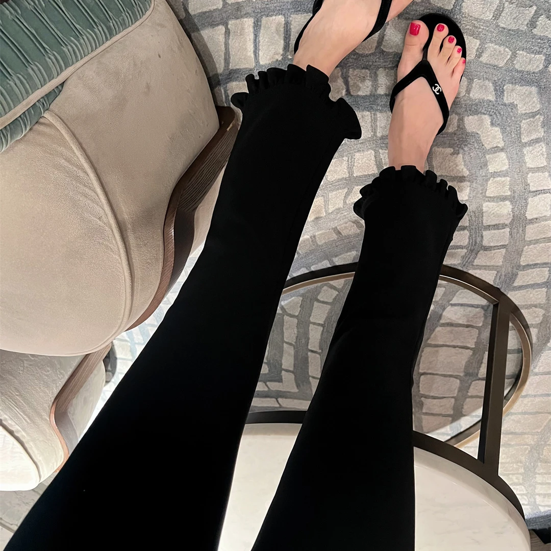 JENNIFER JXLIU 韩版 ~怒推显瘦黑色木耳边裤脚紧身弹力9分裤夏