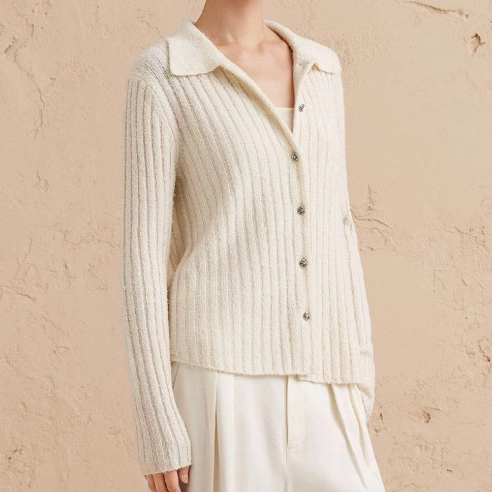 羊毛POLO领1233针织开衫女24年秋新品白色抽条宽松厚款外套