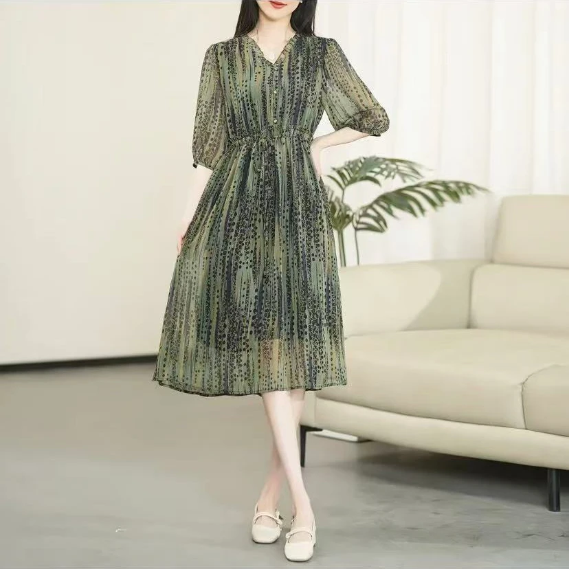 （泡沫之夏）2025年蚕丝扎染印花高腰显高显瘦气质连衣裙