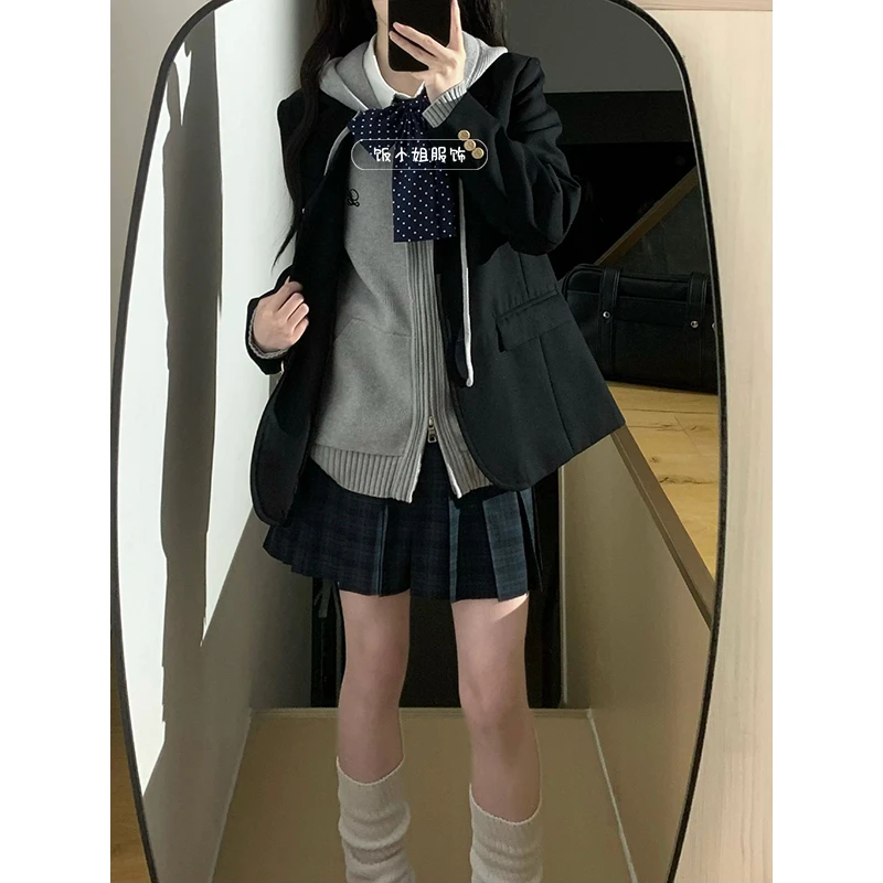 日系JK制服复古学院风黑西服浅灰拉链连帽针织衫海苔jk冬季套装女