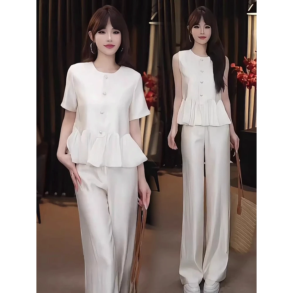 小香风套装女2025夏季新款洋气荷叶边拼接上衣阔腿裤气质两件套潮