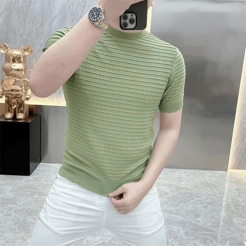 短袖男t恤针织上衣半袖帅气休闲百搭修身圆领高品质弹力男士通勤