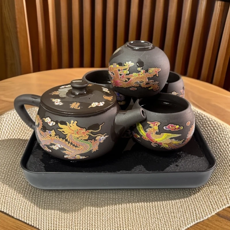 ZH3186-龙凤呈祥变色紫砂一壶四杯（龙*2凤*2）+密胺方形茶盘