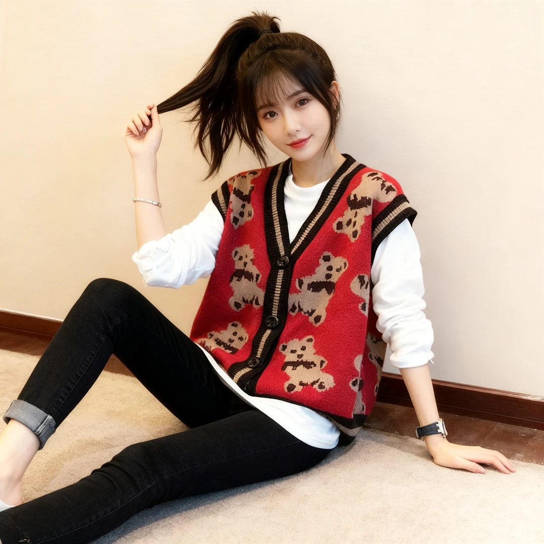 秋冬新款韩系宽松红色小熊提花针织马甲+简约白色长袖T恤休闲两件