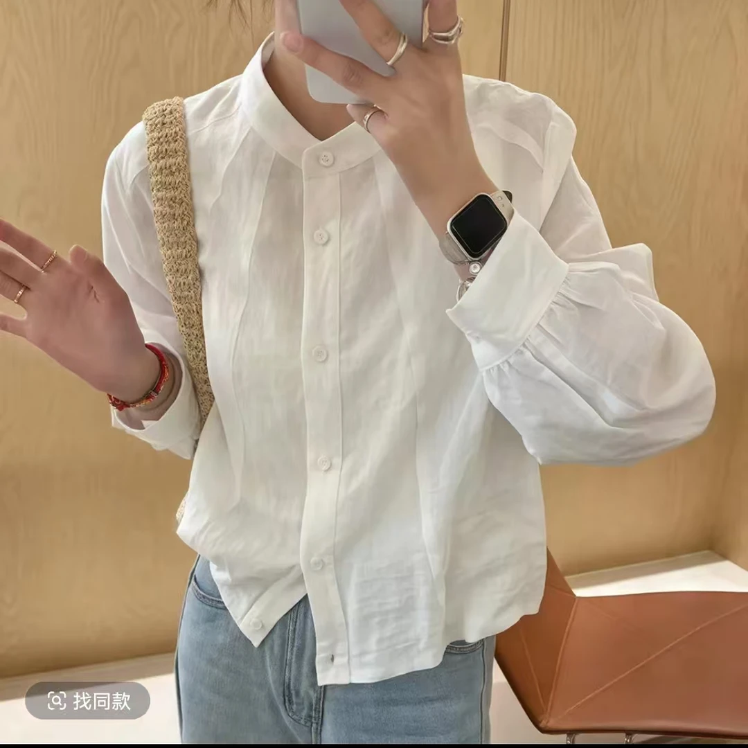 2508-新款韩系洋气立领显瘦长袖春夏薄款衬衣百搭时尚纯色简约