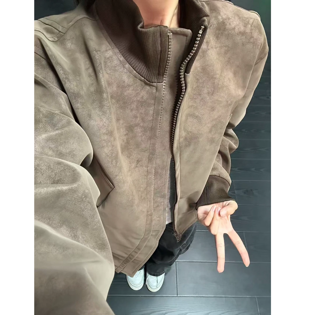 cleanfit短款皮衣外套男秋季高街廓形立领复古潮流美式飞行员夹克