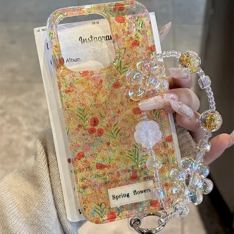 ins早春金色闪粉满屏花朵适用iPhone16promax手机壳15PRO手链14新