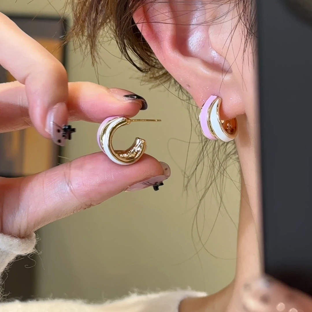 H523 粉白滴釉耳扣耳环百搭法式小众