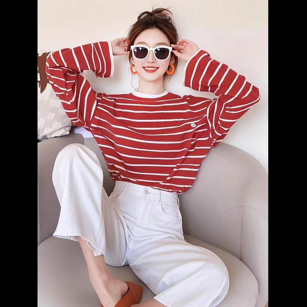 圆领条纹T恤女套头宽松外穿长袖针织衫休闲百搭上衣百搭裤子套装