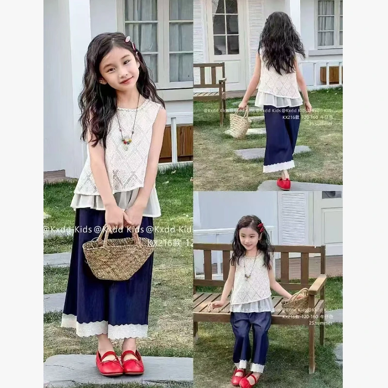女童套装夏季2025新款洋气蕾丝背心中大童波西米亚度假风儿童夏装