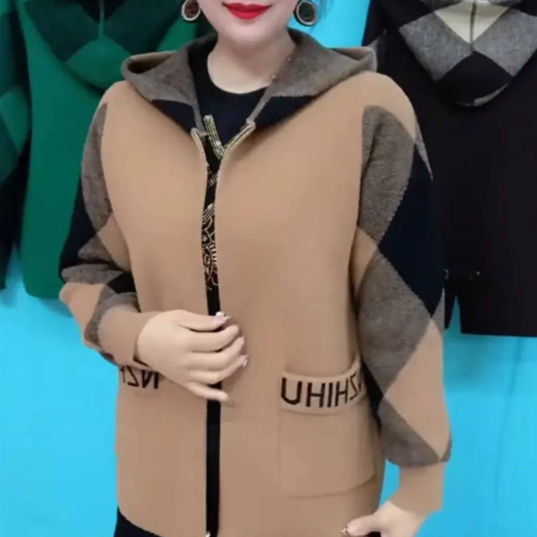 秋款拉链开衫长袖毛衣外套2025新款宽松显瘦时尚连帽中老年妈妈装