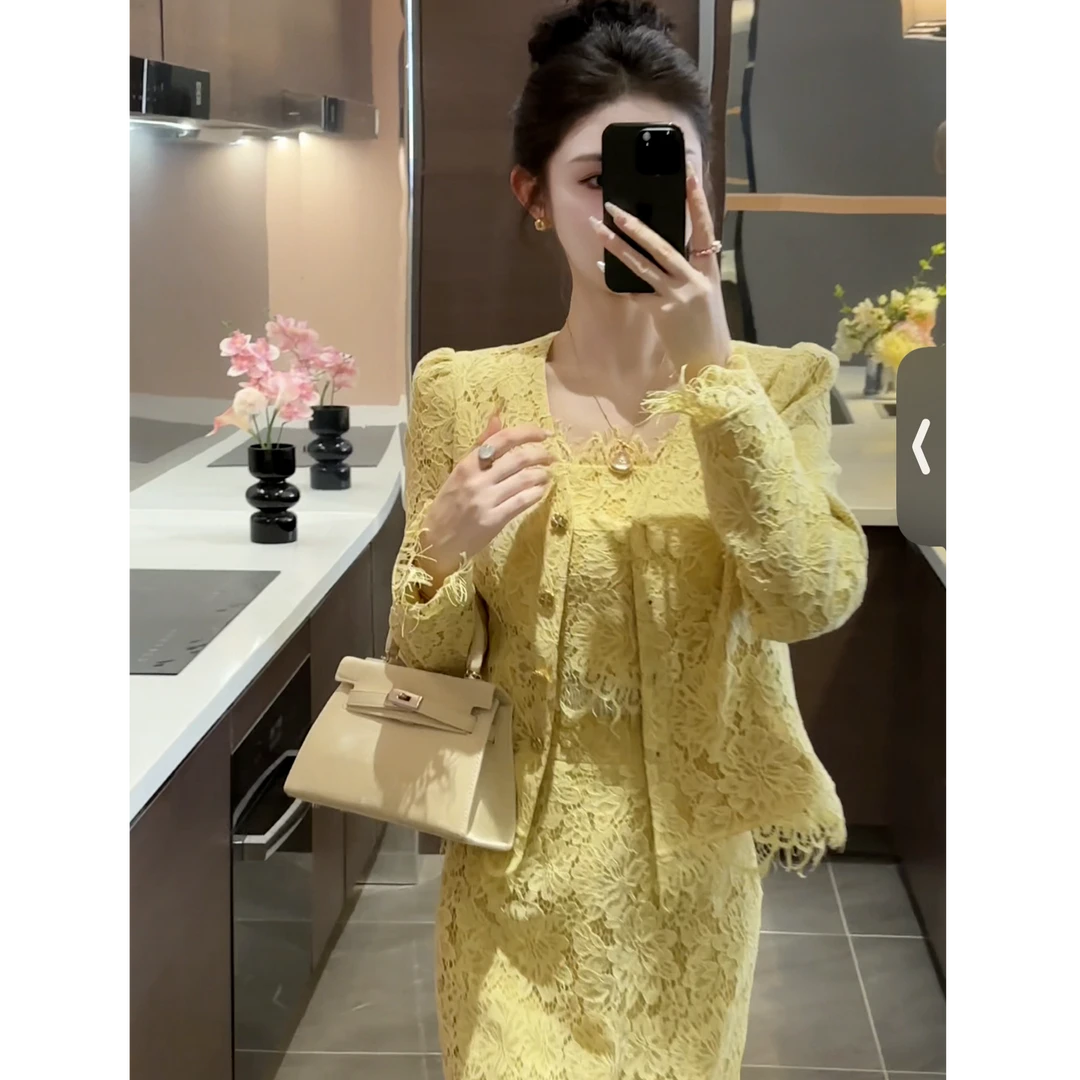 【周粥】【黄玫瑰】新款黄色收腰蕾丝吊带三件套新中式国风JJQ4TZ3568