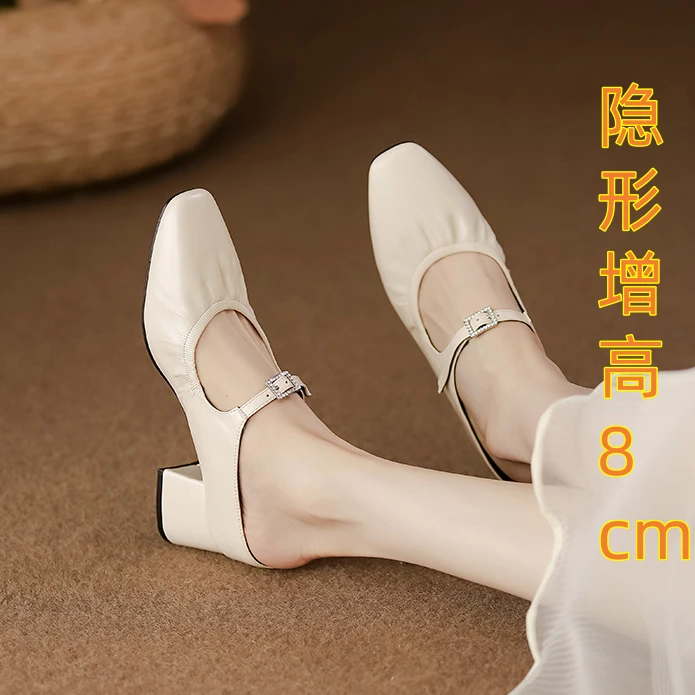 8cm内增高法式一字带玛丽珍凉鞋2025新款包头粗跟凉拖外穿单鞋女
