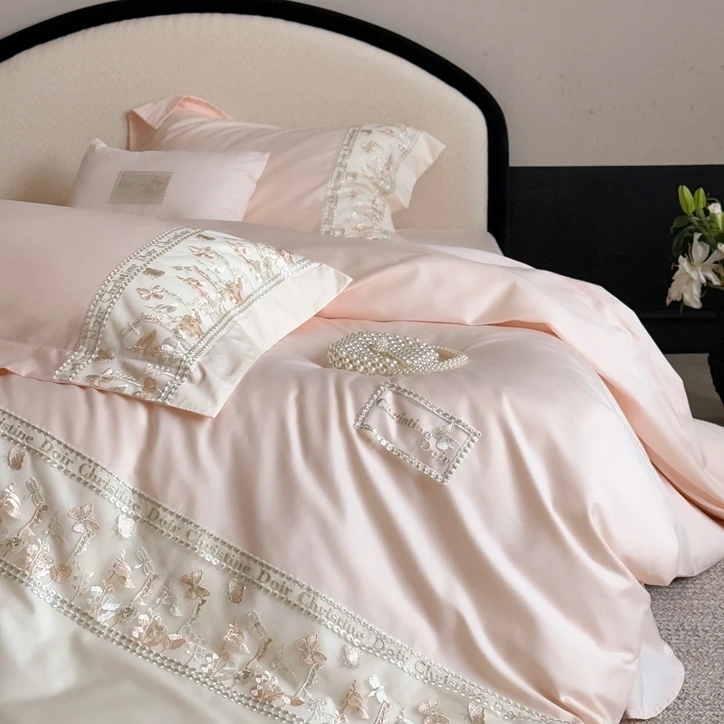 法式100S贡缎长绒棉全棉四件套刺绣公主风纯棉被套床单床上用品
