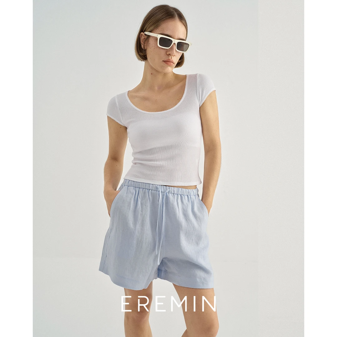 DE Mincollection花边U领T/修身显瘦正肩薄款坑条显瘦T恤55521