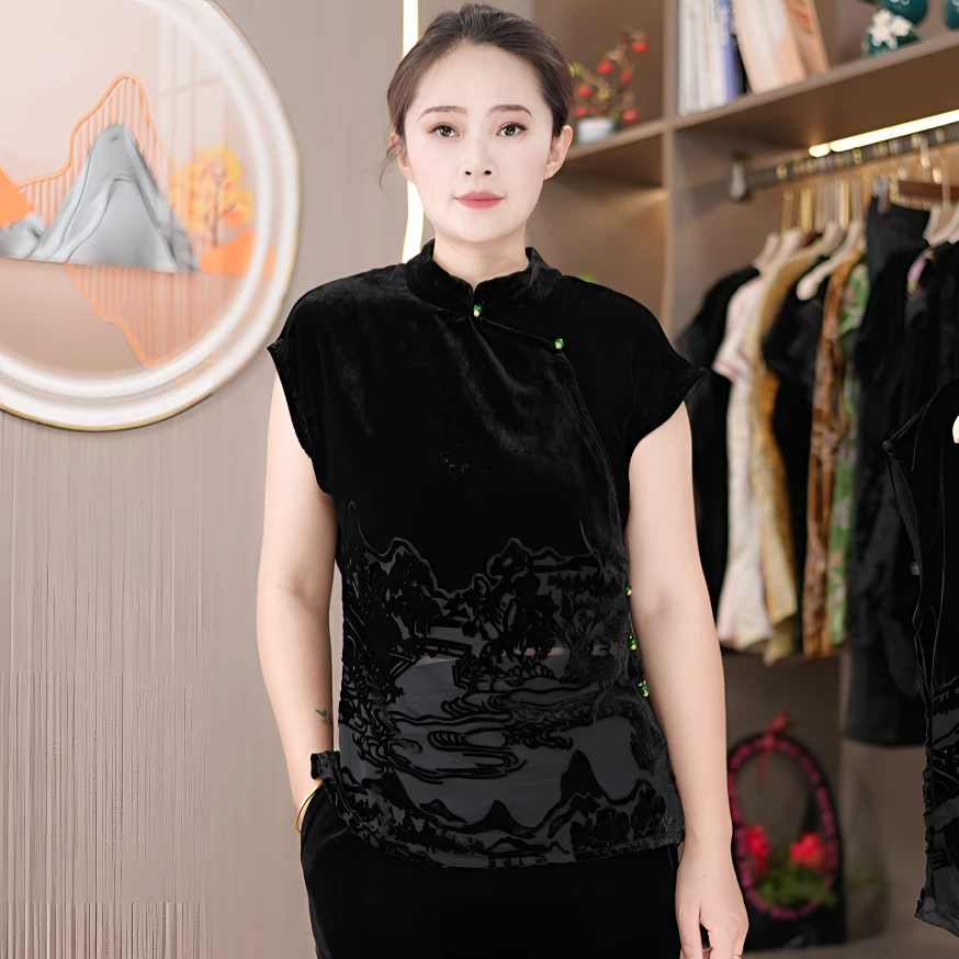 桑蚕丝新中式时尚女宽松显瘦洋气百搭山水镂空烧花气质女装