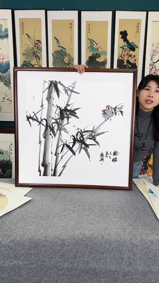 国画竹报平安实木装裱83*83