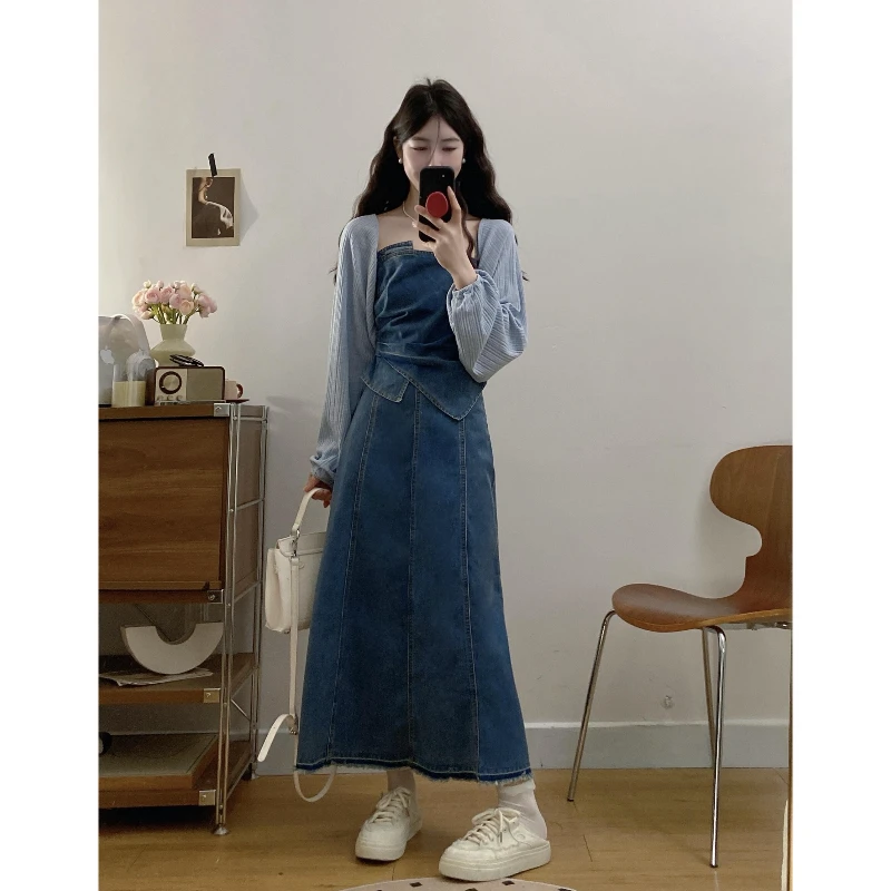 大码春夏新款复古吊带牛仔背心高腰半身裙针织开衫气质显瘦穿搭