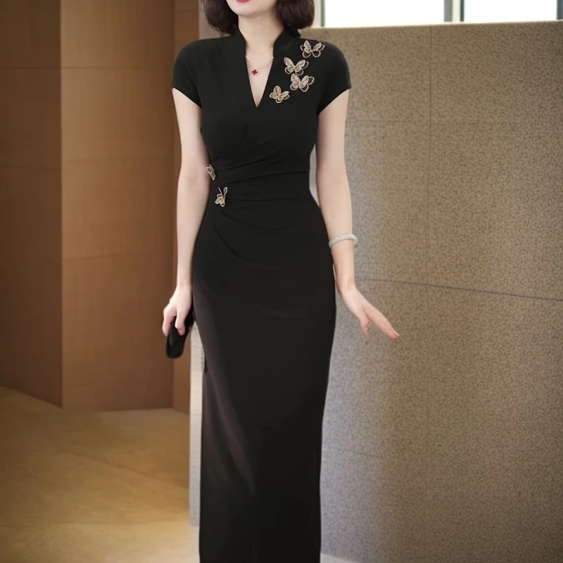 新中式改良旗袍黑色连衣裙女2025夏季显瘦包臀裙新款复古优雅修身